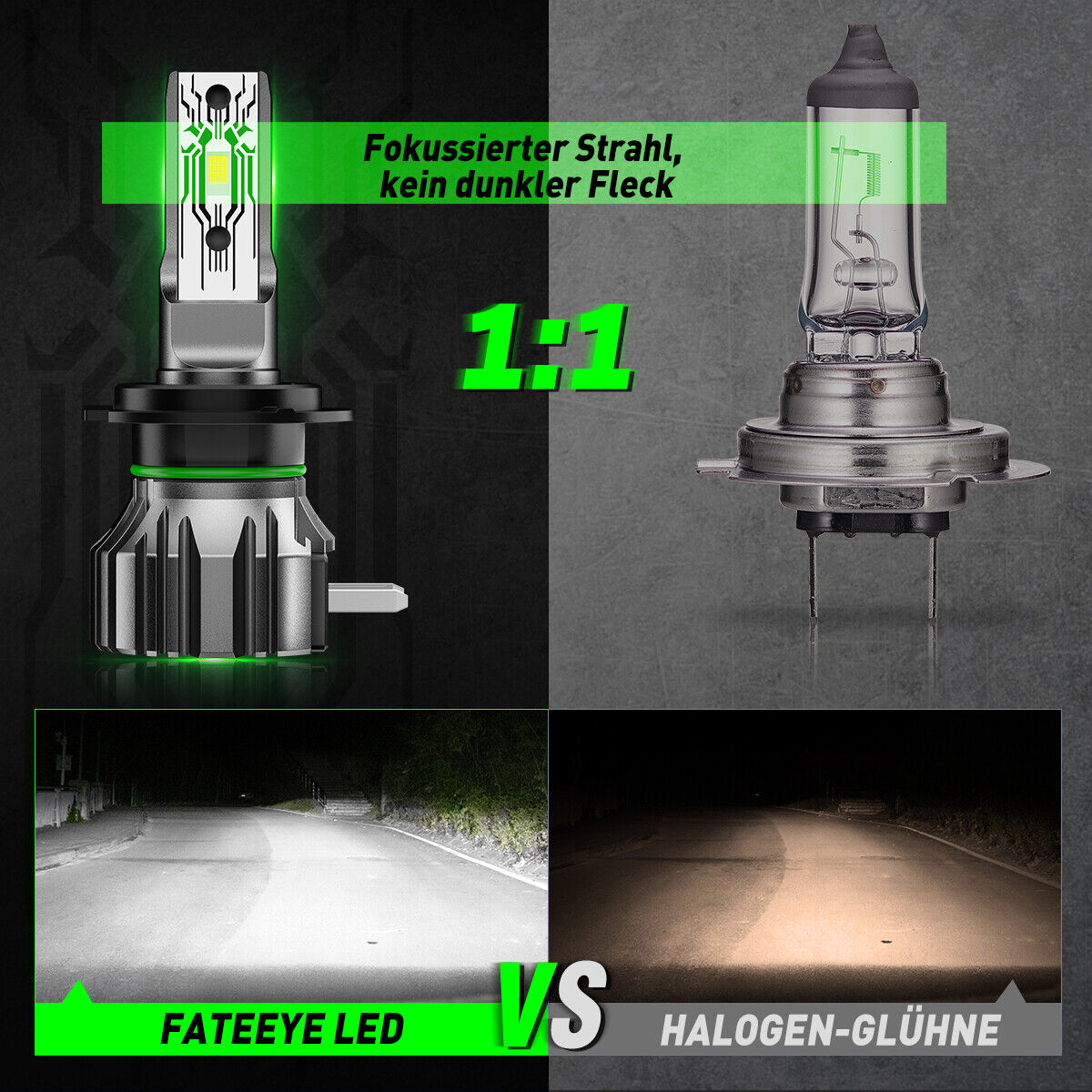 FATEEYE H7 LED -ajovalosarja 10000 lm 50 W kauko- ja lähivalo 6500 K valkoinen halogeeni (2 kpl)