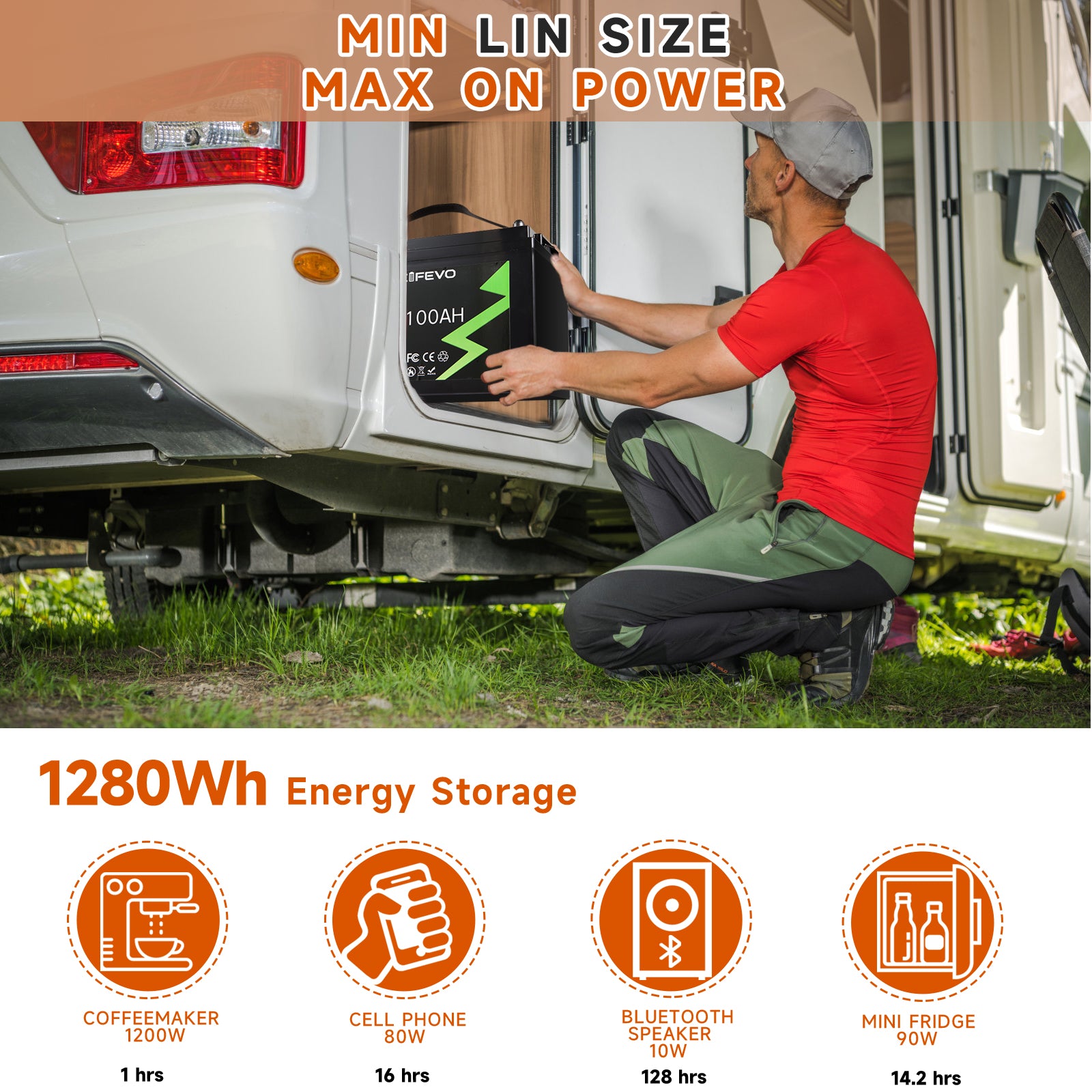 NOEIFEVO 12.8V 100Ah LiFePO4 Batería de Litio, Totalmente cargada en 2 horas con cargador de 14.6V 50A, 4000+ ciclos de carga, , perfecta como fuente de energía para autocaravana, barco.