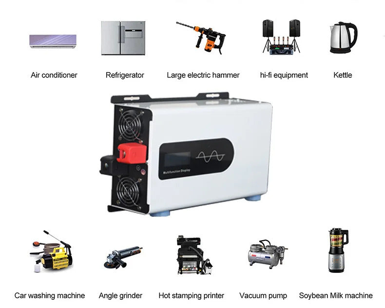 Střídač 72V až 230V, 6000W až 12000W DC AC střídač s EU zástrčkami pro auta, nákladní auta, kemping a domácí spotřebiče.