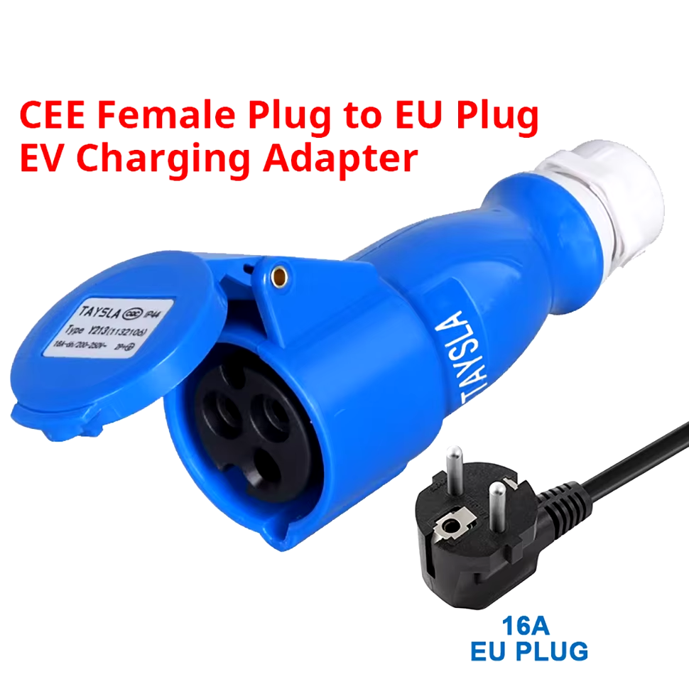 אדפטור טעינה EV, שקע תעשייתי CEE 32A כחול לשקע ביתי Schuko, עבור מטעני EV של 7kW 32A.