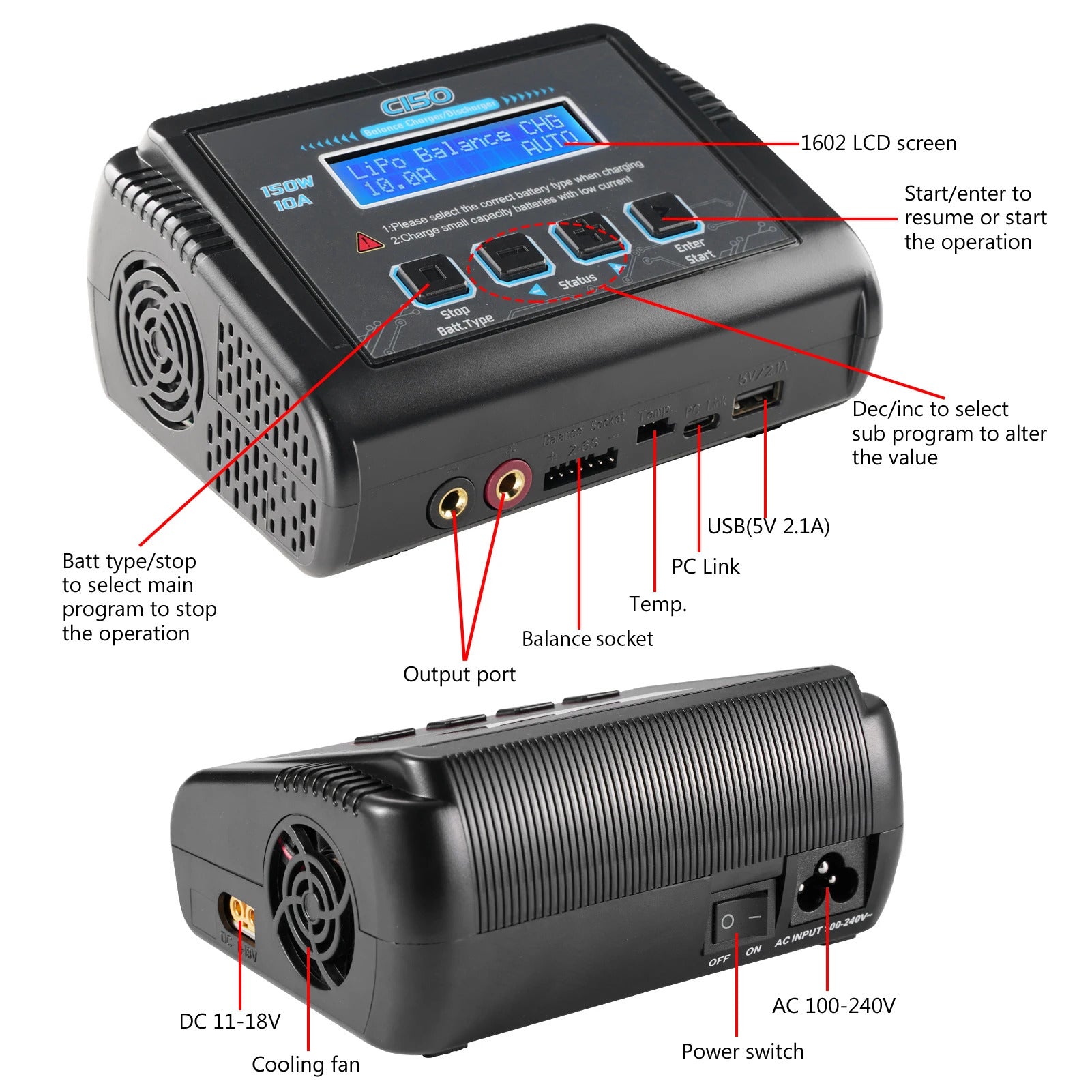 NOEIFEVO C150 Cargador Equilibrador AC/DC 150W 10A para Baterías LiPo, LiHV, LiFe, LiIon, NiCd, NiMh y Pb
