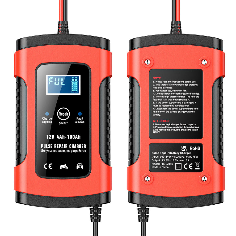 Caricabatterie per auto e moto 12V 6A, caricabatterie intelligente multifunzionale con rilevamento della temperatura per batterie al piombo-acido AGM, Gel e cicli profondi.