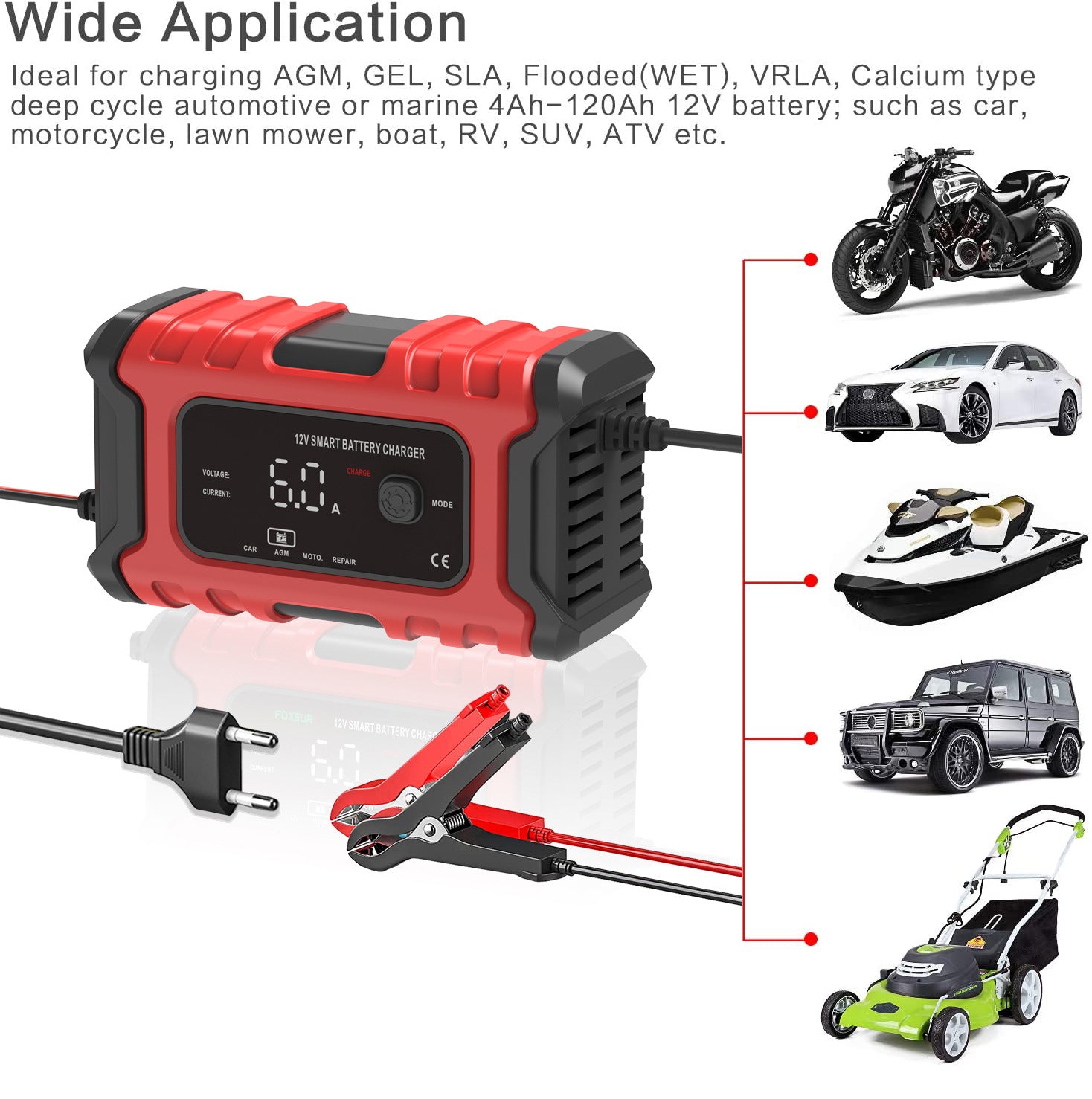 NOEIFEVO 6A Bilbatterilader, 12V Smart Fuldautomatisk Bilbatterilader med Temperaturkompensation til Bil, Lastbil, Motorcykel, Plæneklipper, Båd, Marinebatterier