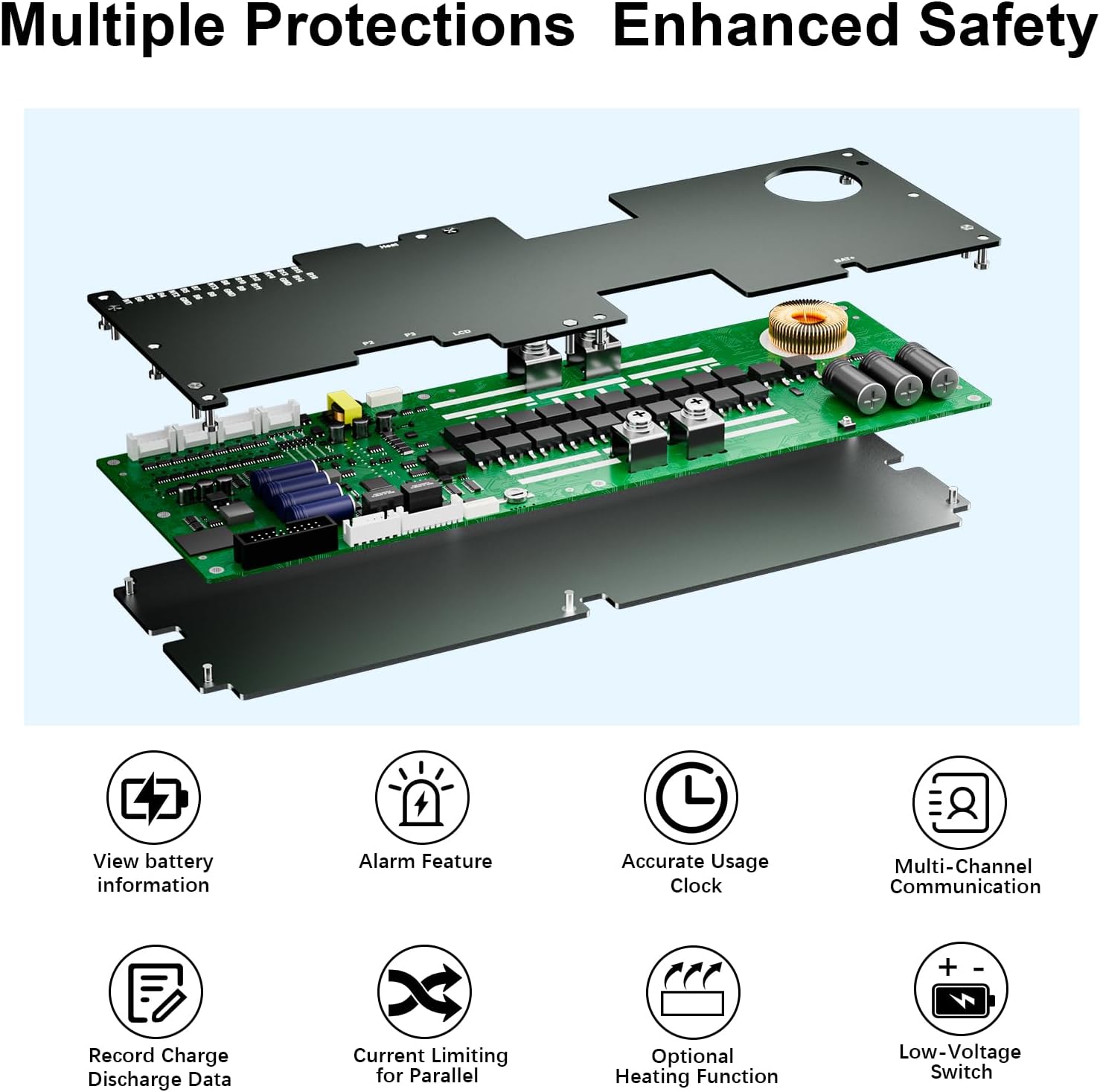 BMS 8S–16S 24V–48V 200A para armazenamento de energia residencial, com balanceamento ativo de 2A, Bluetooth integrado e comunicação RS485/CAN para sistemas solares