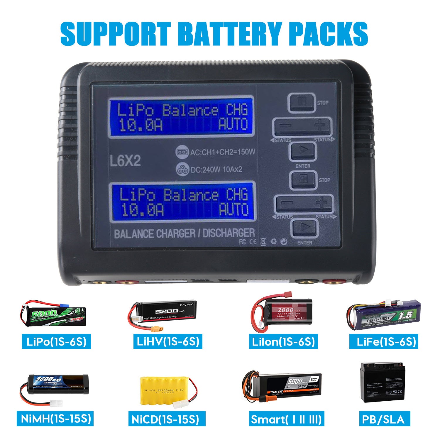 NOEIFEVO L6X2 To-kanals Smart Balance Oplader Af- og Pålader til RC-batterier NiMH, NiCd, LiHV, Li-ion, Lipo, PB