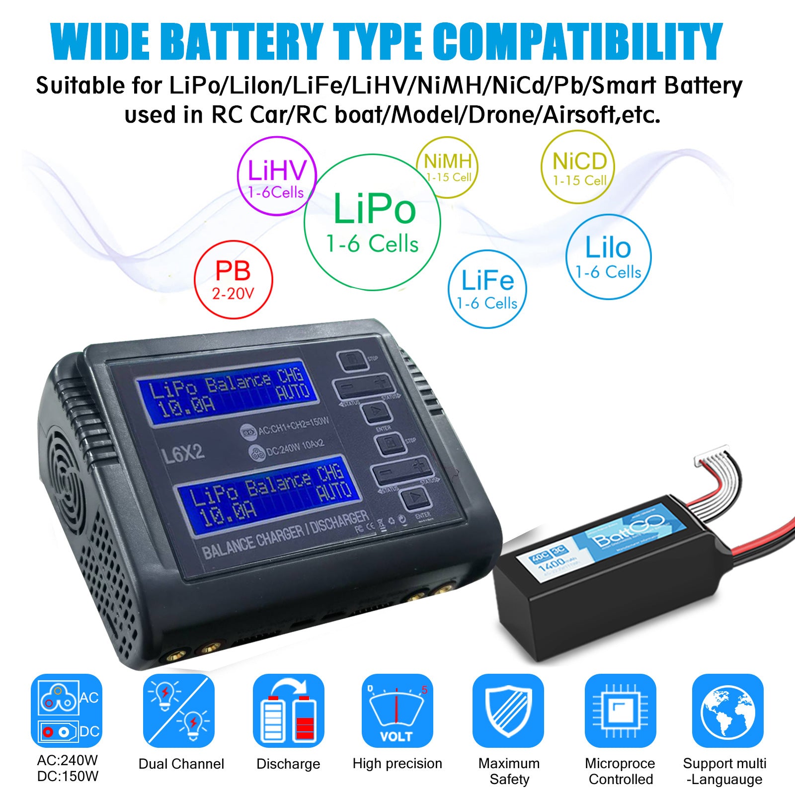 NOEIFEVO L6X2 To-kanals Smart Balance Oplader Af- og Pålader til RC-batterier NiMH, NiCd, LiHV, Li-ion, Lipo, PB