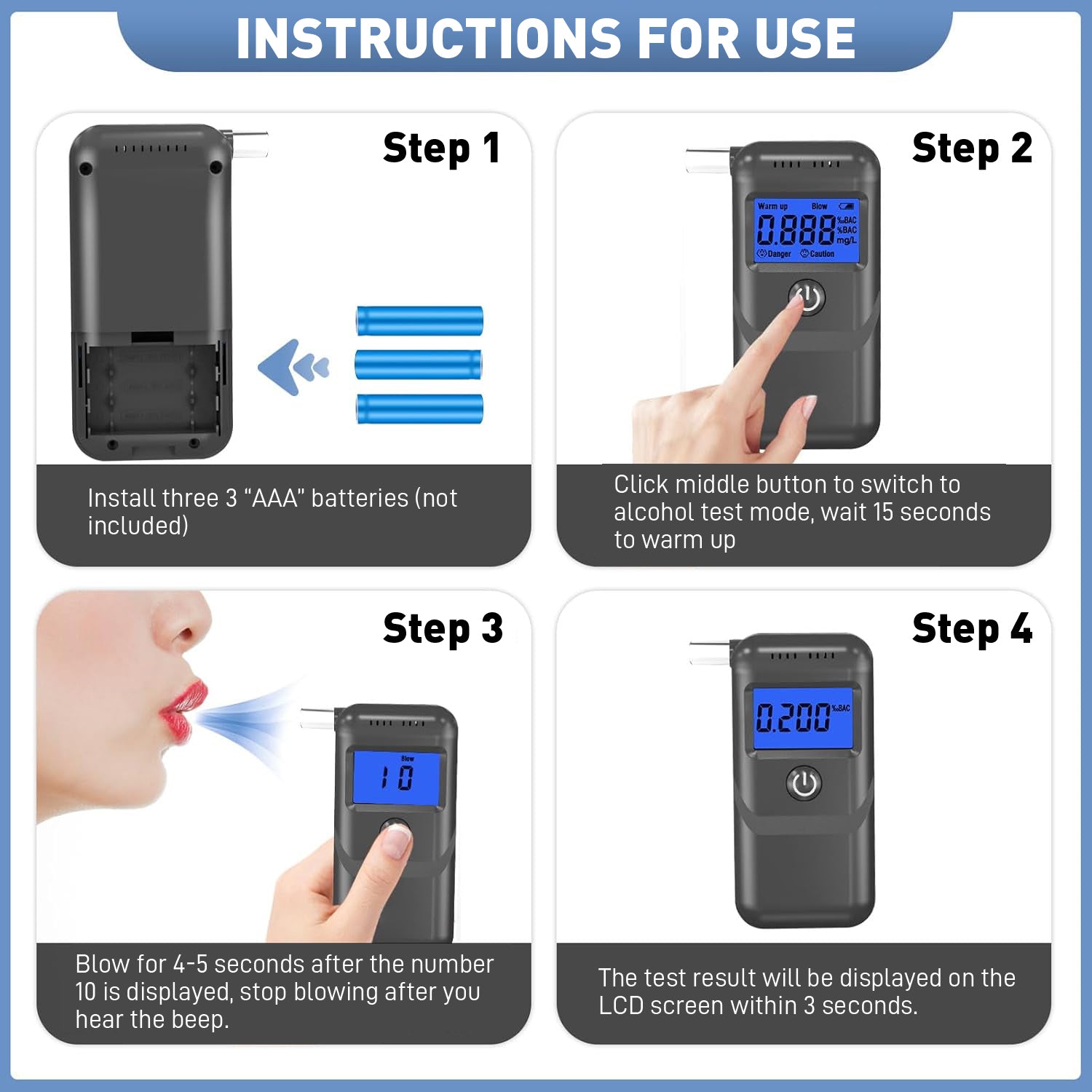 NOEIFEVO Tester Alcol, Etilometro Professionale con Display LCD Blu Digitale, Tester Alcolico a Soffio ad Alta Precisione per Uso Personale e Professionale a Casa.