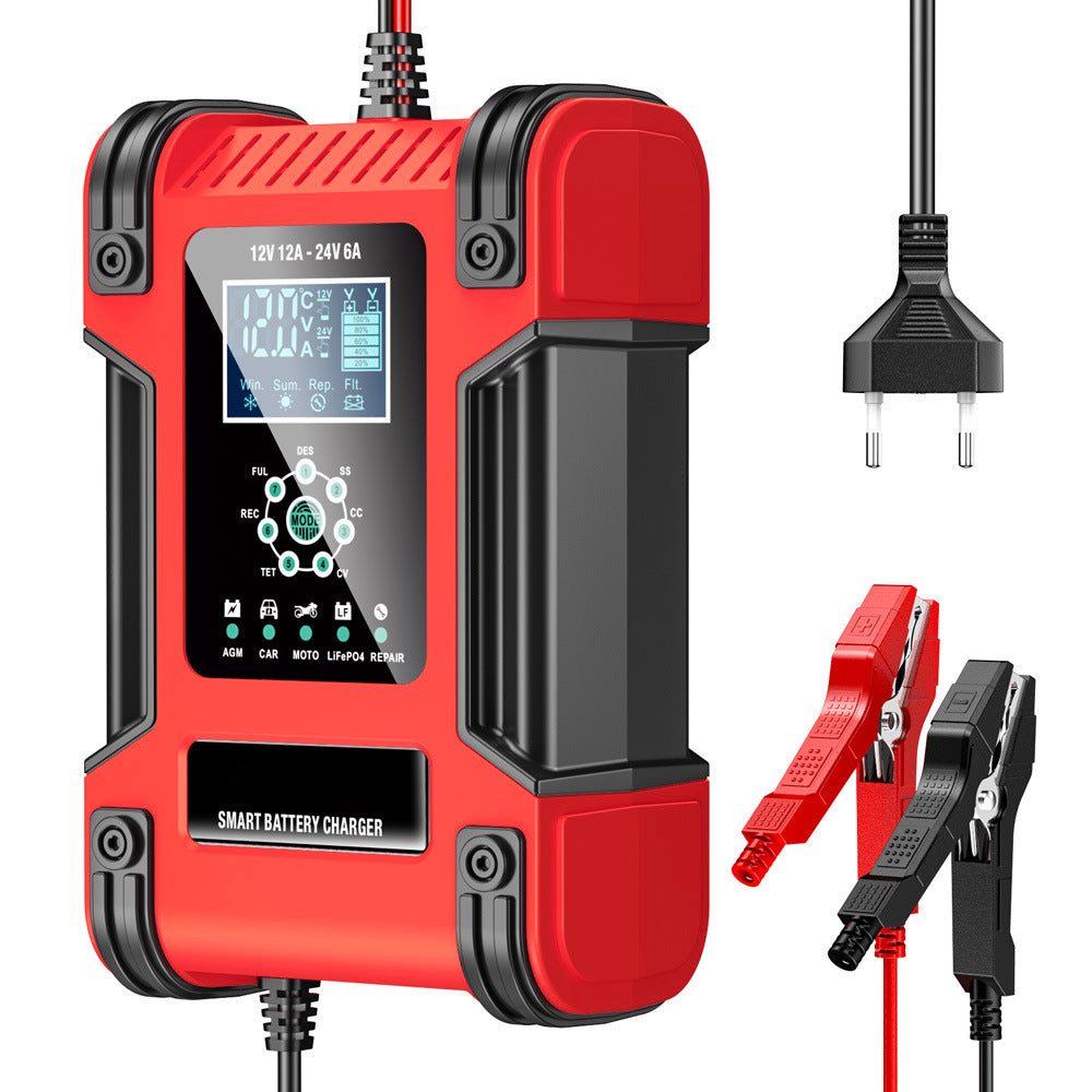Auto acculader, 12V 12A / 24V 6A loodzuur AGM LiFePO4 acculader, voertuiglader, 7-traps slimme acculader met LED-display voor auto's, vrachtwagens, motorfietsen, grasmaaiers