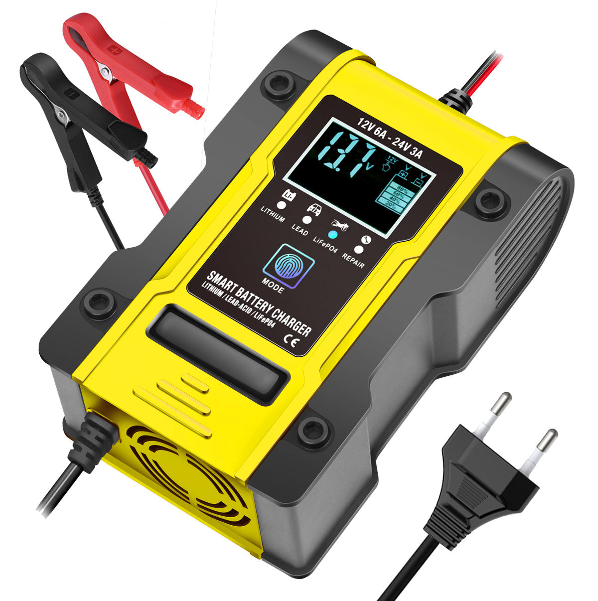 12V 6A / 24V 3A Auto- en motoracculader, intelligente multifunctionele reparatielader met temperatuurdetectie voor loodzuur-, AGM-, gel-, deep cycle-, lithium- en LiFePO4-accu’s