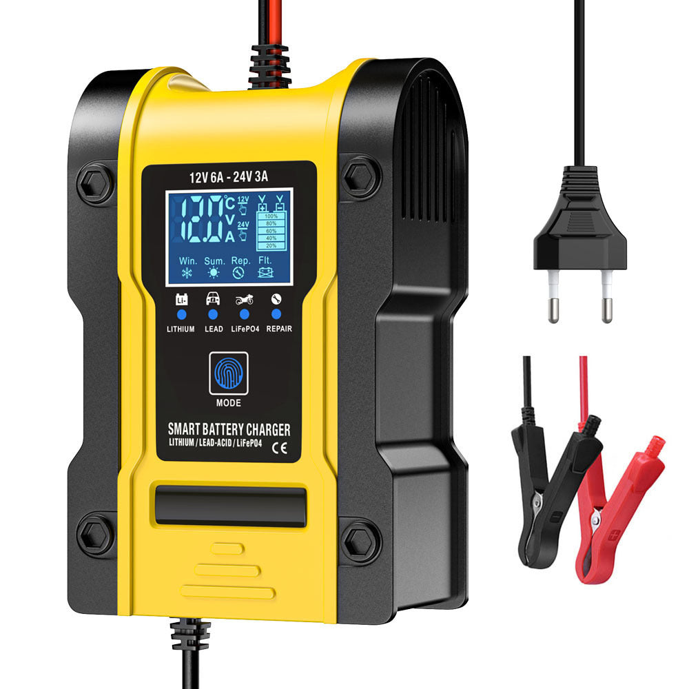 12V 6A / 24V 3A Auto- en motoracculader, intelligente multifunctionele reparatielader met temperatuurdetectie voor loodzuur-, AGM-, gel-, deep cycle-, lithium- en LiFePO4-accu’s