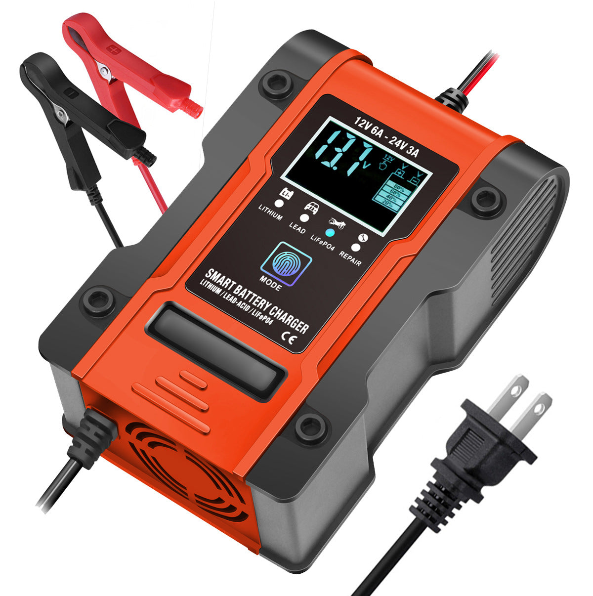 12V 6A / 24V 3A Auto- en motoracculader, intelligente multifunctionele reparatielader met temperatuurdetectie voor loodzuur-, AGM-, gel-, deep cycle-, lithium- en LiFePO4-accu’s