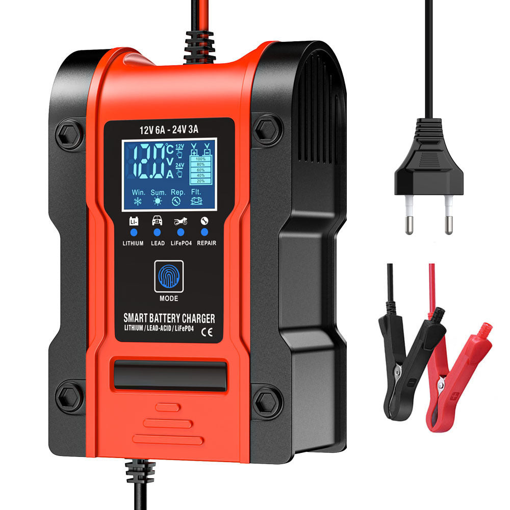 12V 6A / 24V 3A Auto- en motoracculader, intelligente multifunctionele reparatielader met temperatuurdetectie voor loodzuur-, AGM-, gel-, deep cycle-, lithium- en LiFePO4-accu’s