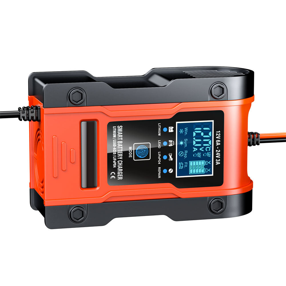 12V 6A / 24V 3A Auto- en motoracculader, intelligente multifunctionele reparatielader met temperatuurdetectie voor loodzuur-, AGM-, gel-, deep cycle-, lithium- en LiFePO4-accu’s