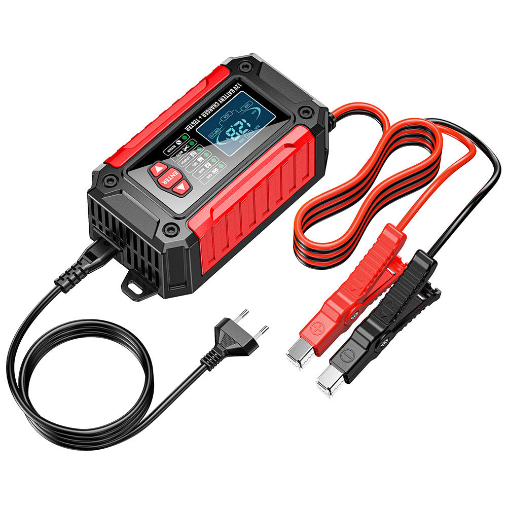 מטען ובודק סוללות לרכב 2 ב-1, מטען סוללות 12V לעופרת-חומצה, AGM ו-LiFePO4, מטען לרכב, בודק סוללות חכם למכוניות, משאיות, אופנועים ומכסחות דשא.
