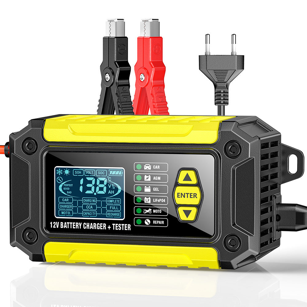מטען ובודק סוללות לרכב 2 ב-1, מטען סוללות 12V לעופרת-חומצה, AGM ו-LiFePO4, מטען לרכב, בודק סוללות חכם למכוניות, משאיות, אופנועים ומכסחות דשא.
