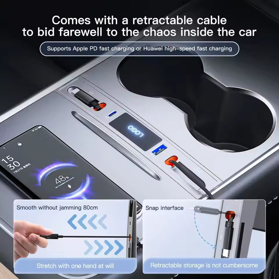 Hurtigoplader til midterkonsol – USB-C lade-dock & USB splitter hub, kompatibel med Tesla M3/Y (Highland 2024–2025 & Standard 2021–2024), intelligent adapter med strømlængdeforlænger