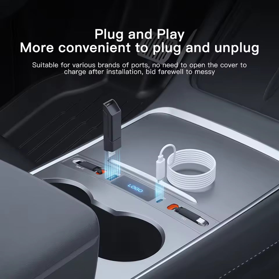 Hurtigoplader til midterkonsol – USB-C lade-dock & USB splitter hub, kompatibel med Tesla M3/Y (Highland 2024–2025 & Standard 2021–2024), intelligent adapter med strømlængdeforlænger