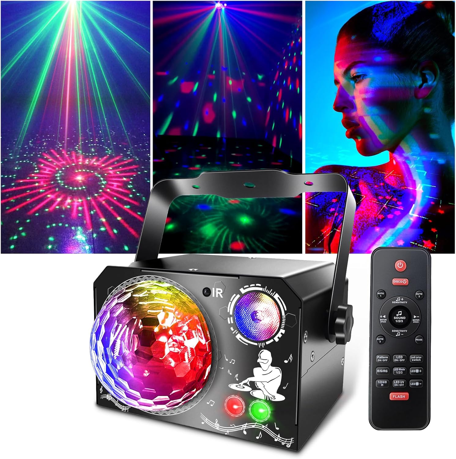 4-in-1 Discokugel, DJ-Disco- und Partylicht (65 Muster), musikgesteuertes Disco-Partylicht, RGB/UV/Stroboskop, sprachgesteuerte Partyleuchte für Partys, Festivals, Clubs, Halloween und Weihnachten