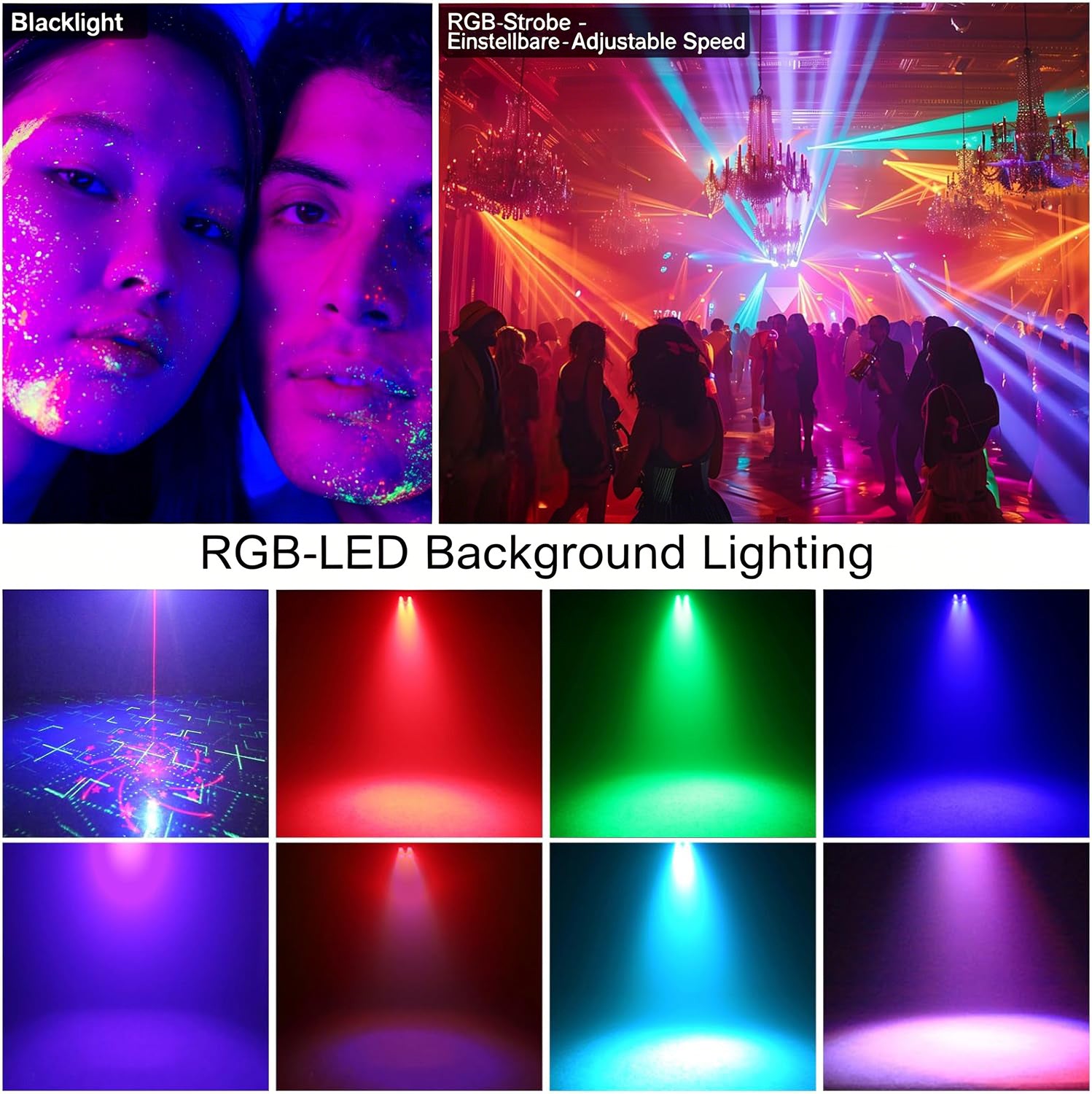 4-in-1 Discokugel, DJ-Disco- und Partylicht (65 Muster), musikgesteuertes Disco-Partylicht, RGB/UV/Stroboskop, sprachgesteuerte Partyleuchte für Partys, Festivals, Clubs, Halloween und Weihnachten