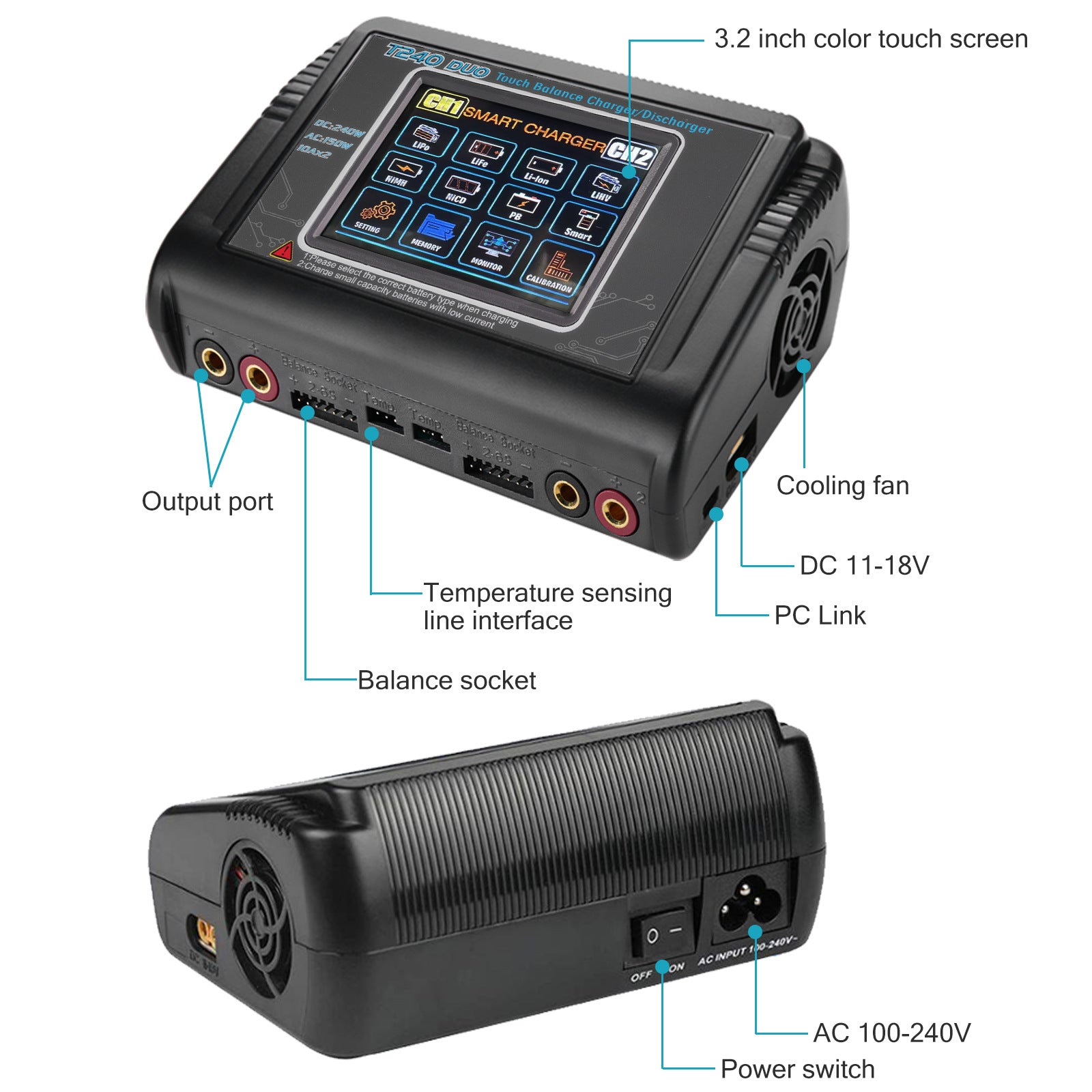 Caricabatterie RC NOEIFEVO T240 a doppio canale AC 150 W DC 240 W per batterie NiMH, NiCd, LiHV, Li-ion, Lipo, PB