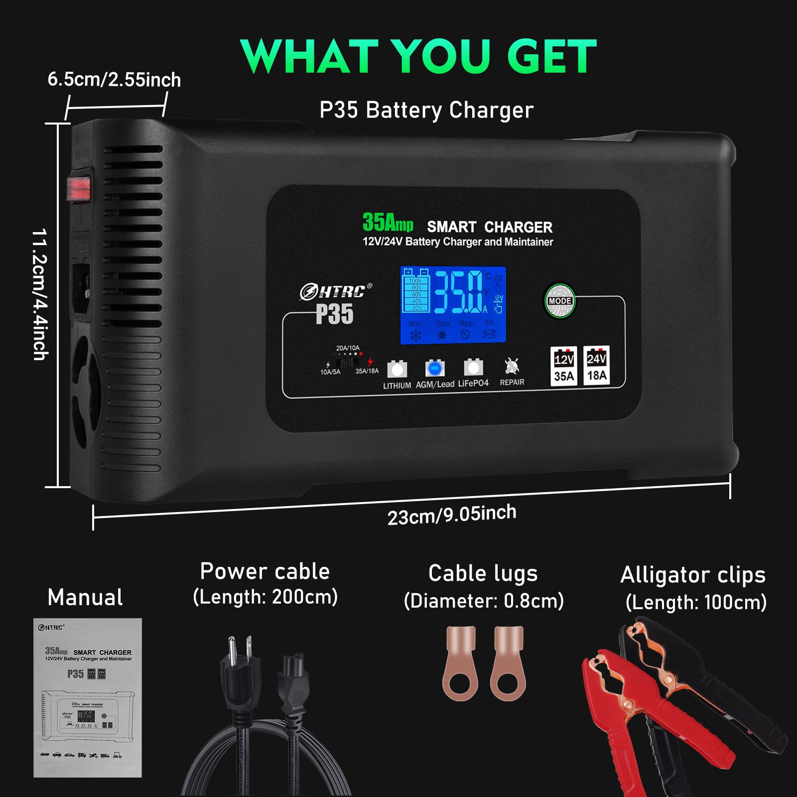 NOEIFEVO 12V 35A/24V 18A Slimme Acculaders voor Autobatterijen, Acculader voor Auto's, Motoren, Grasmaaiers, Boten, Geschikt voor Lithium, LiFePO4 en Loodzuurbatterijen (AGM, Gel, MF, EFB, SLA, VRLA, Nat)